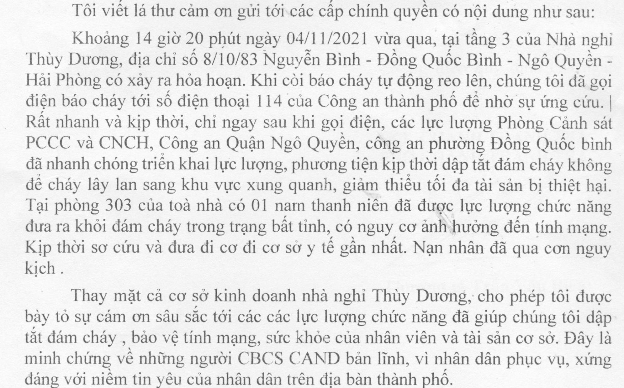 Thư cảm ơn Công an quận Ngô Quyền